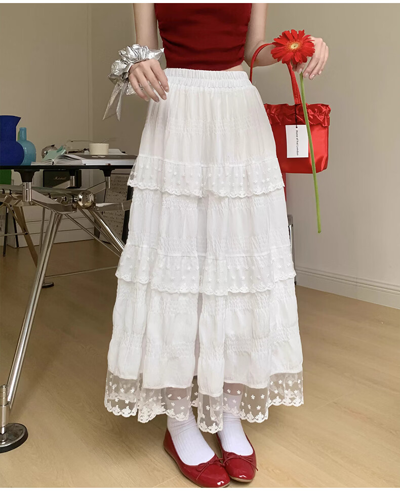 Borui White Design Lace Trim Cake Skirt 2026 New French Style Long Flared A-Line Skirt 23