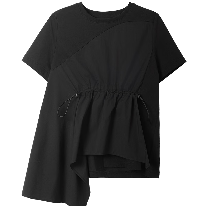 Demana [Cool Feeling Sorona] Summer Simple Round Neck Drawstring Asymmetric Hem Loose Slim T-Shirt for Women Premium Quality