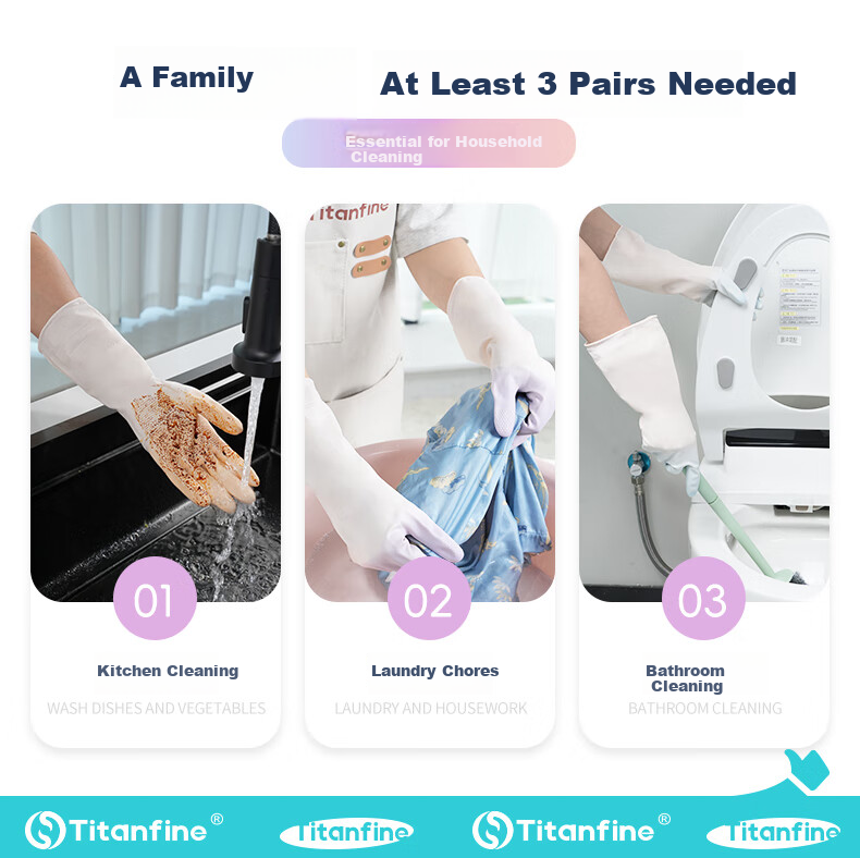 Titanfine PVC Two-Tone Dishwashing Gloves 1 Pair M Size Household Kitchen Cleaning Thickened Waterproof Non-Slip Wear-Resistant Blue 2
