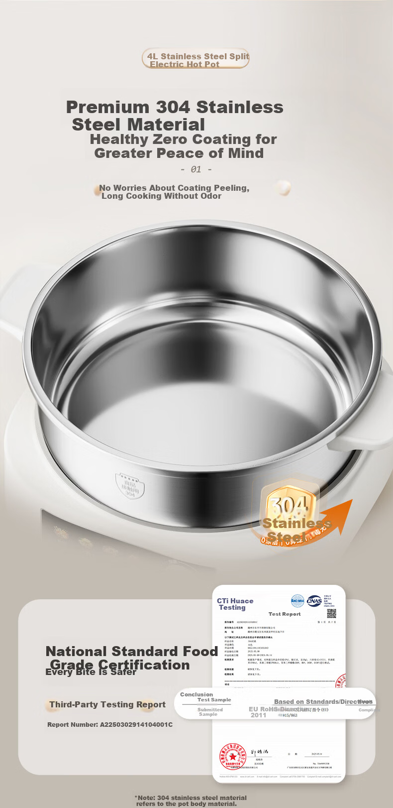 Bear 0-Coating Electric Hot Pot, Non-Stick Detachable Multi-Functional Stainless Steel Electric Cooker, 4L, Suitable for 4-6 People, Model 40S1 4