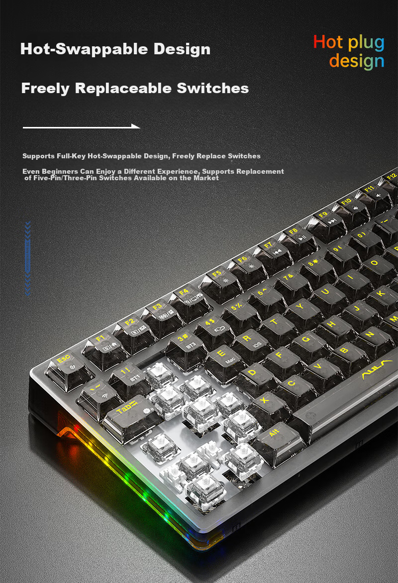 AULA F98ProV3 Custom Transparent Mechanical Keyboard 95-Key Hot-Swappable RGB Tri-Mode Wireless Wired Bluetooth Gasket Structure Gaming Pink Transparent Ice Spirit Switch 7