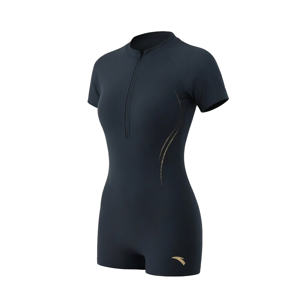 Anta Slim Waist Women's New Conservative Long Sleeve Plus Size One-Piece Swimsuit Dark Night Black M