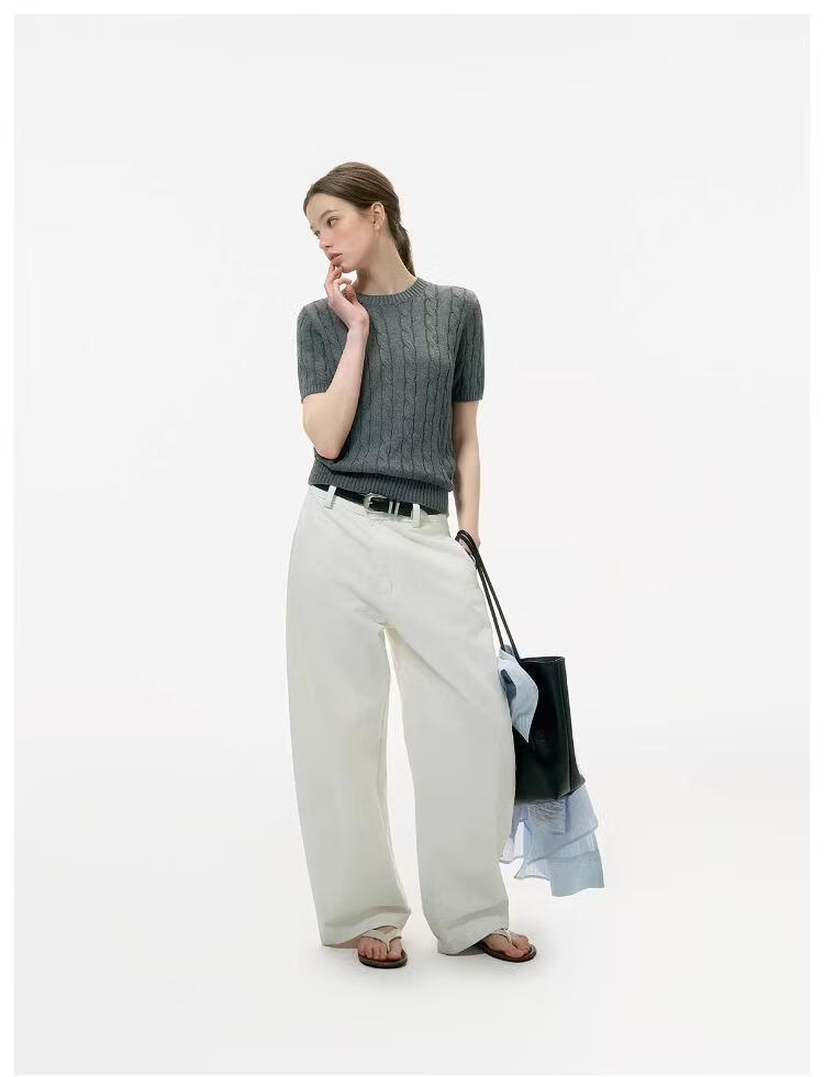 ICH MODE Intelligent Old Money Round Neck Cable Knit Short Sleeve Women's Summer Thin Mesh T-Shirt Pure Cotton Base Top Spring Off-White S 10