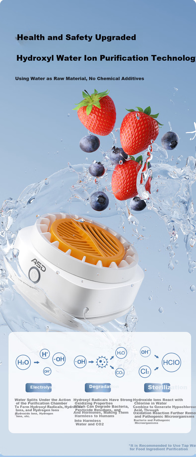 ASD Pure Titanium Fruit and Vegetable Washer, Small Purifier for Fruits, Vegetables, and Meat, Electrolytic Tablet, Long Battery Life, Wireless Charging, Pesticide Residue Removal, Heavy Metal Degrada 3