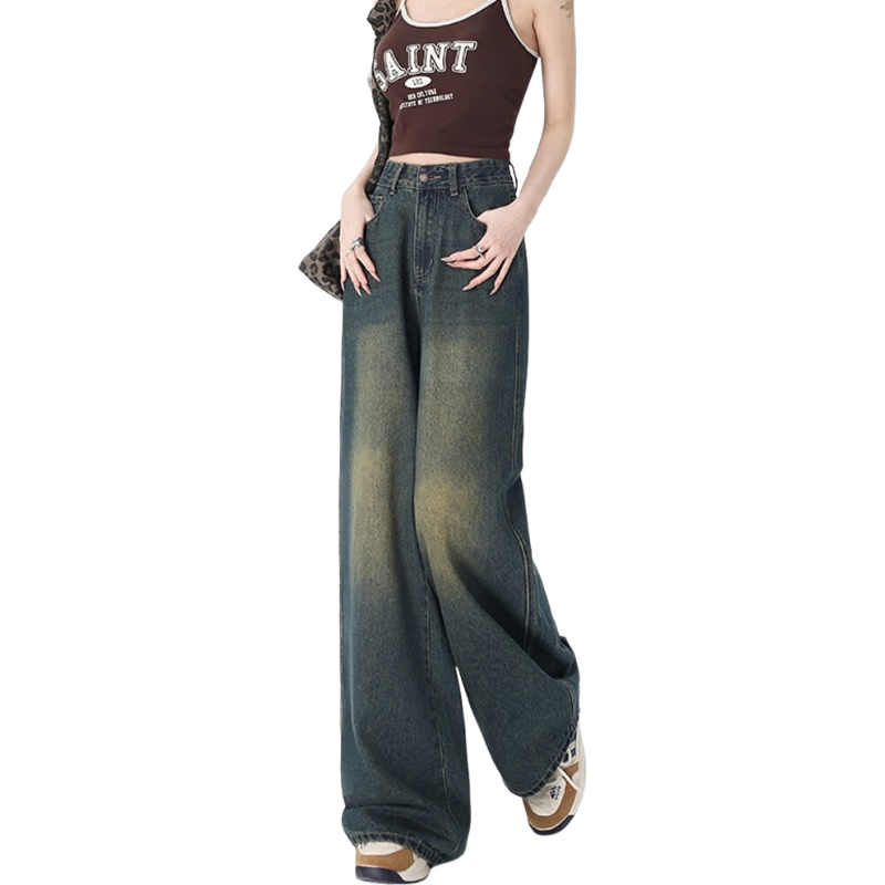 Jeanswest Women's Jeans, Autumn Vintage Slimming High-Waist Loose Draping Casual Straight Wide-Leg Pants, Retro Blue 2XL