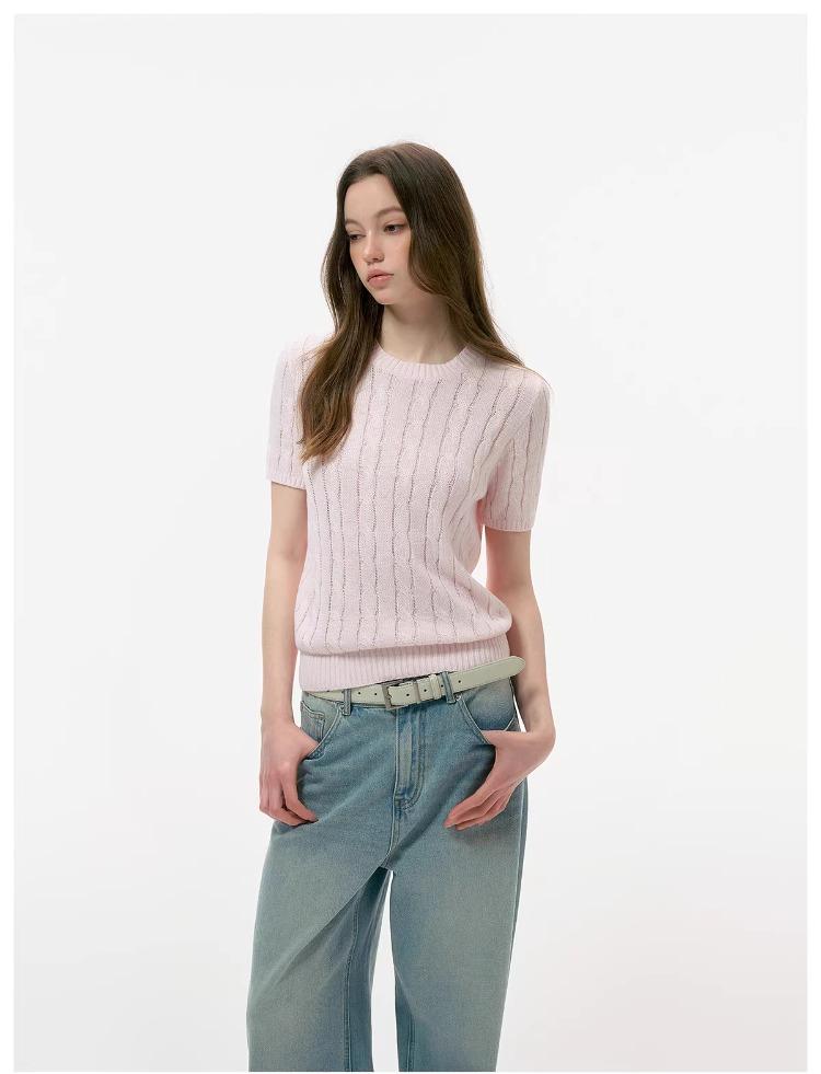 ICH MODE Intelligent Old Money Round Neck Cable Knit Short Sleeve Women's Summer Thin Mesh T-Shirt Pure Cotton Base Top Spring Off-White S 7