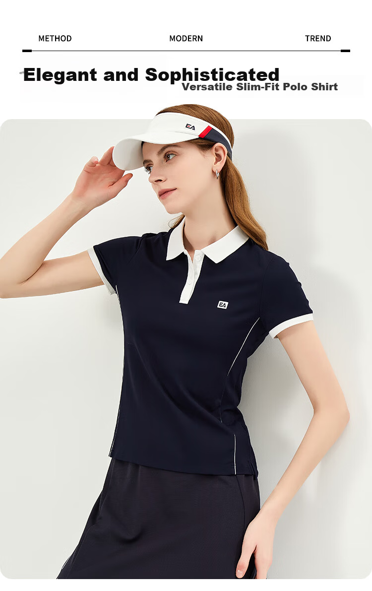 ELLE ACTIVE Fashion Slimming Color-Block Polo Shirt for Women Summer Short Sleeve Slim Fit Sports Casual Top Blue M 1