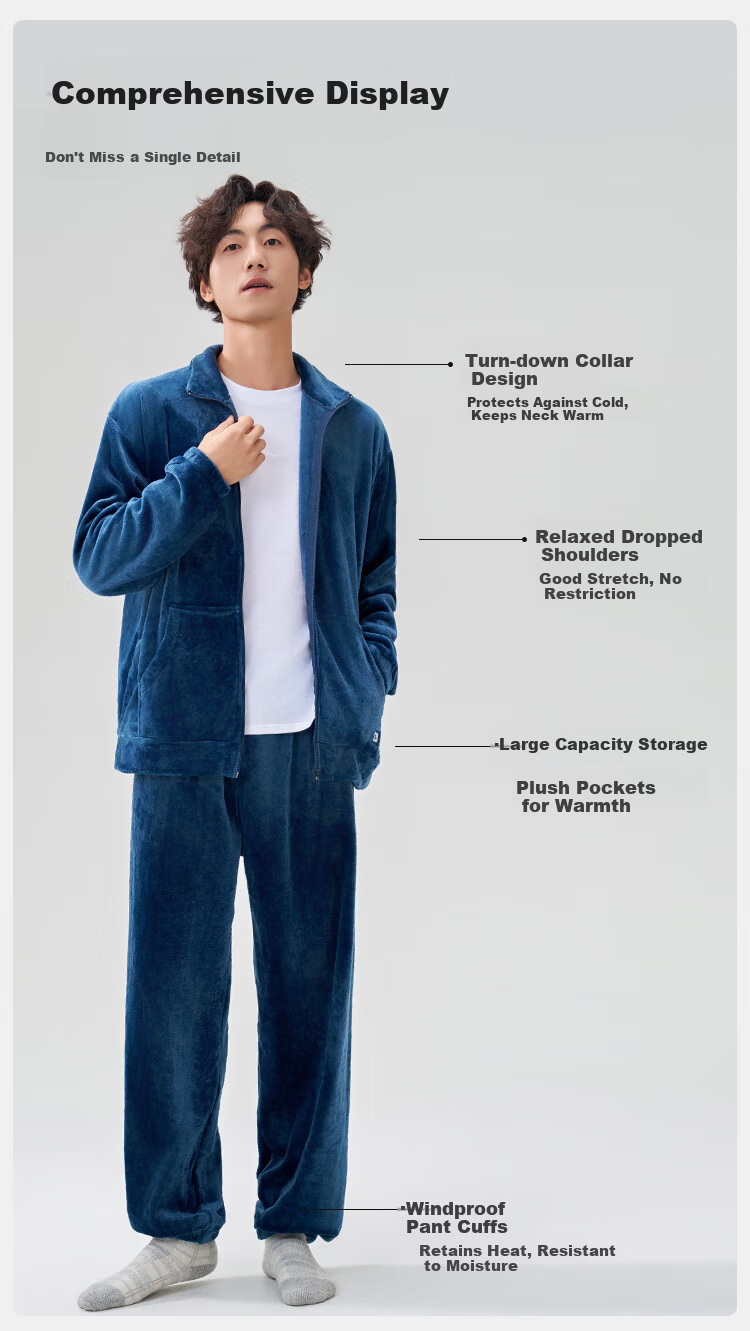THREEGUN Fleece Series Men's Winter Zip-Up Warm Pajama Set Outerwear Suitable 2