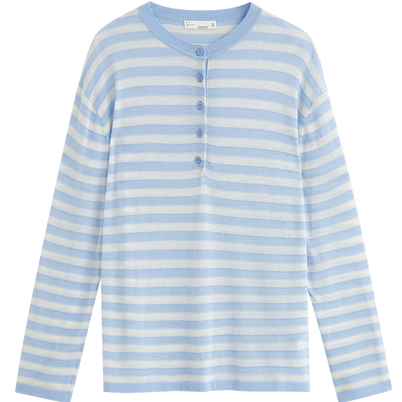 Inman [Linen Tencel] Henry Collar Striped Knit Top Summer New Women's Nautical Style Pullover Klein Blue M
