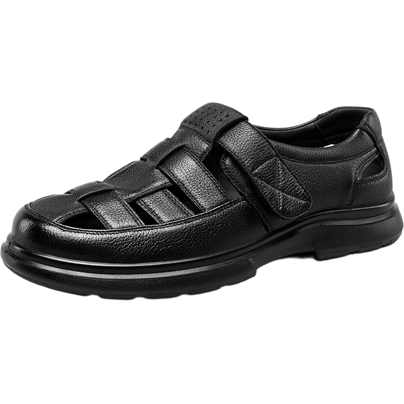 Yierkang Men's Shoes, Father's Day Gift, Sheepskin Comfortable Closed-Toe Perforated Shoes, Hollow Breathable Dad Leather Shoes, Black, Size 39