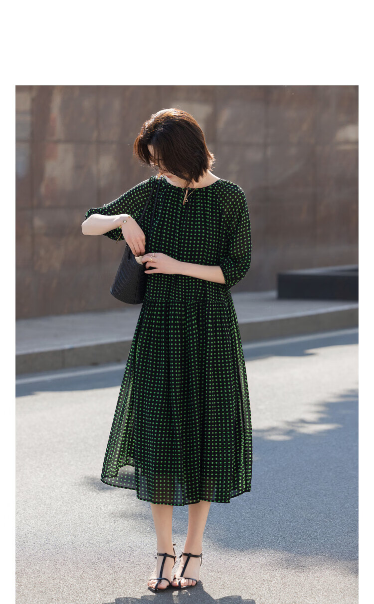 Demana Lightweight Holiday Summer Elegant Pleated Round Neck Polka Dot Loose Slimming Concealing Dress for Women Premium Quality 6