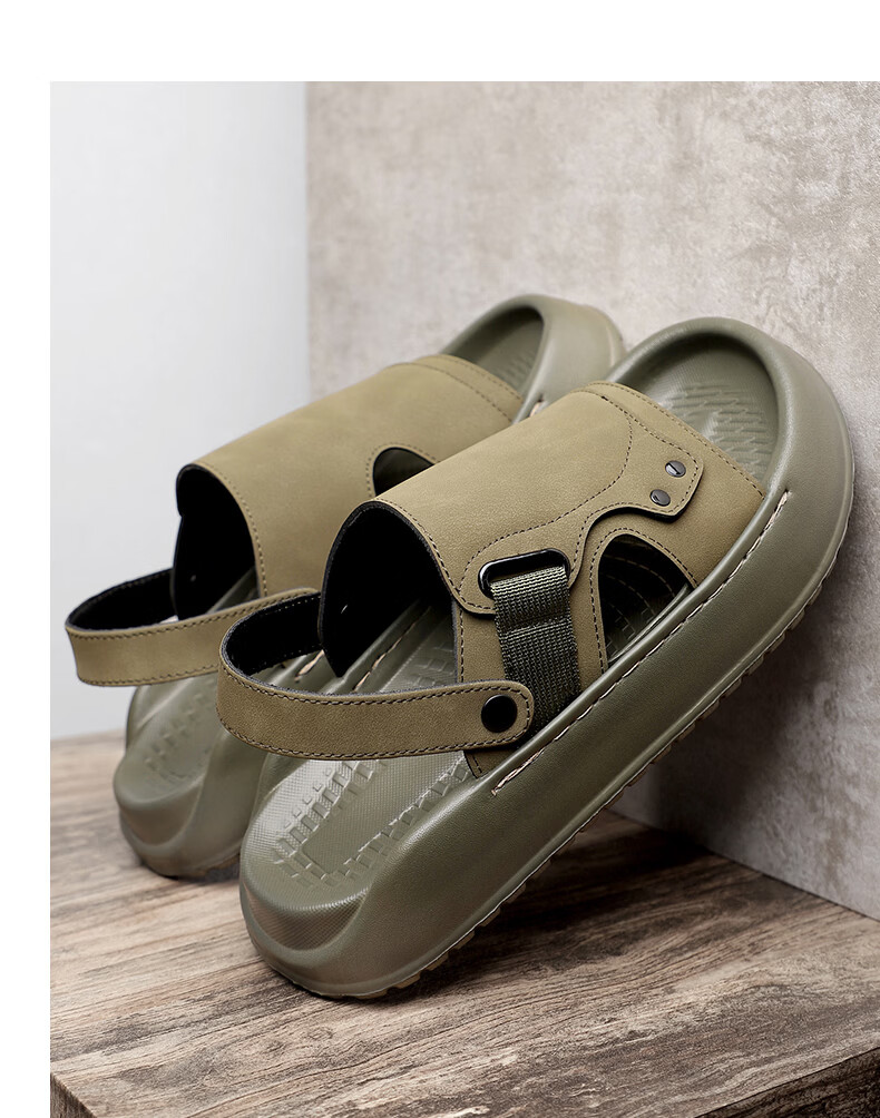 MEXICAN Spring Summer New Men's Leather Sandals Beach Shoes Dual-Wear Breathable Green 40 20