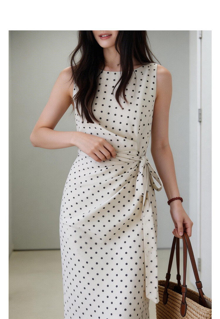 Demana [South of France Holiday] Summer French Elegant Polka Dot Round Neck Sleeveless Side Slit Waist Cinched Dress for Women Premium Quality 3