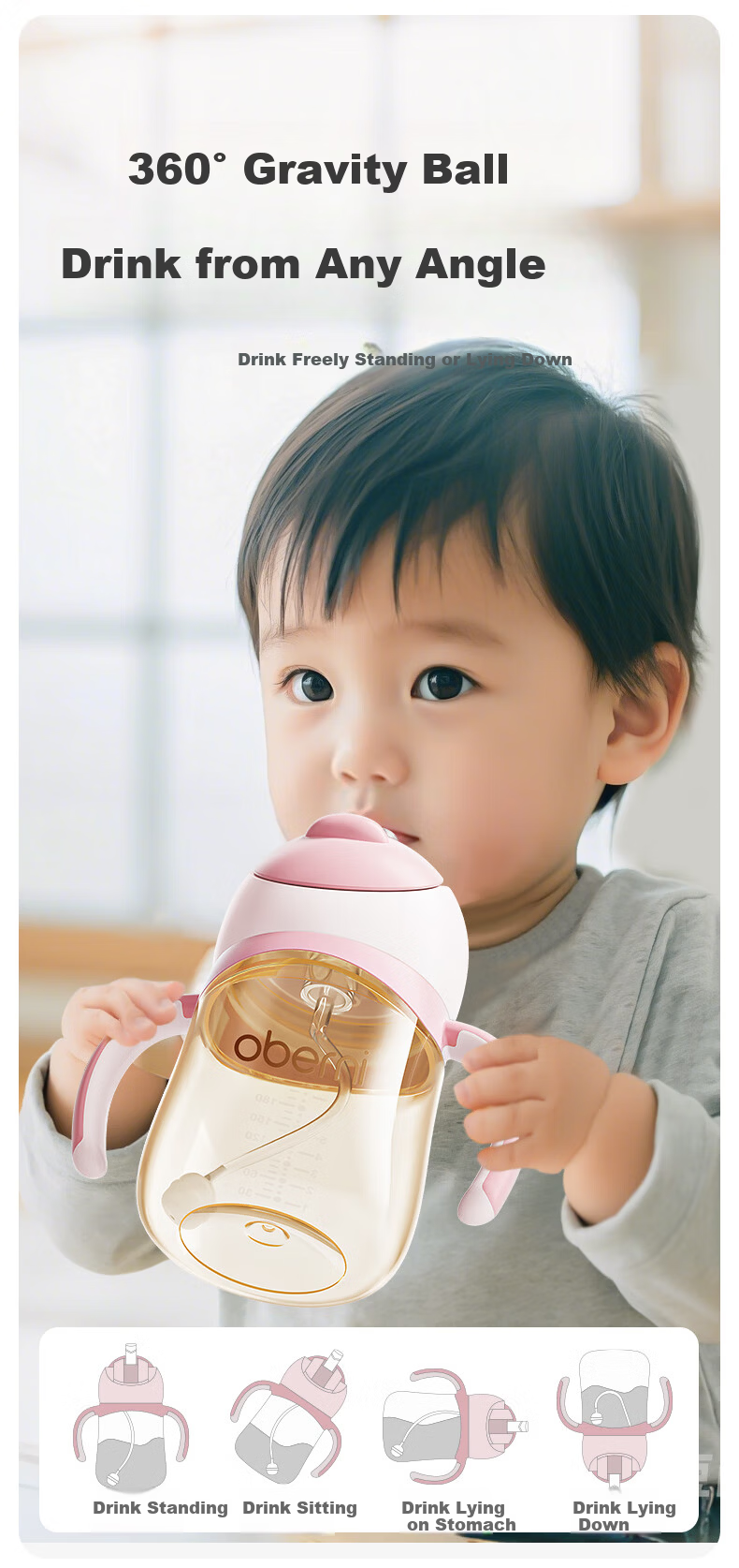 Oubeni PPSU Children's Training Drinking Cup Kindergarten Primary School Direct Drinking Water Cup with Handle Straw Anti-Choking Anti-Drop Slide Cover Water Bottle 13