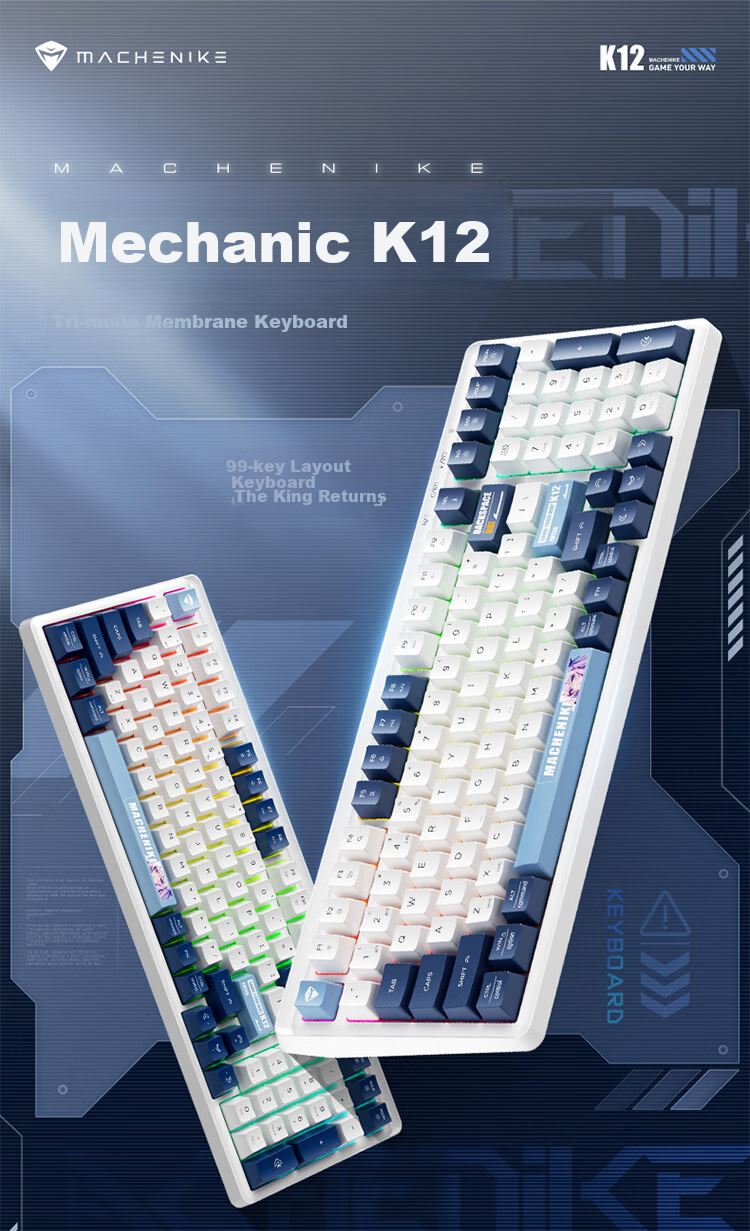 MACHENIKE K12 99-Key Triple-Mode Membrane Keyboard RGB Backlit Dustproof Water-Resistant Gaming Office Keyboard Large Capacity Battery Blue White 1