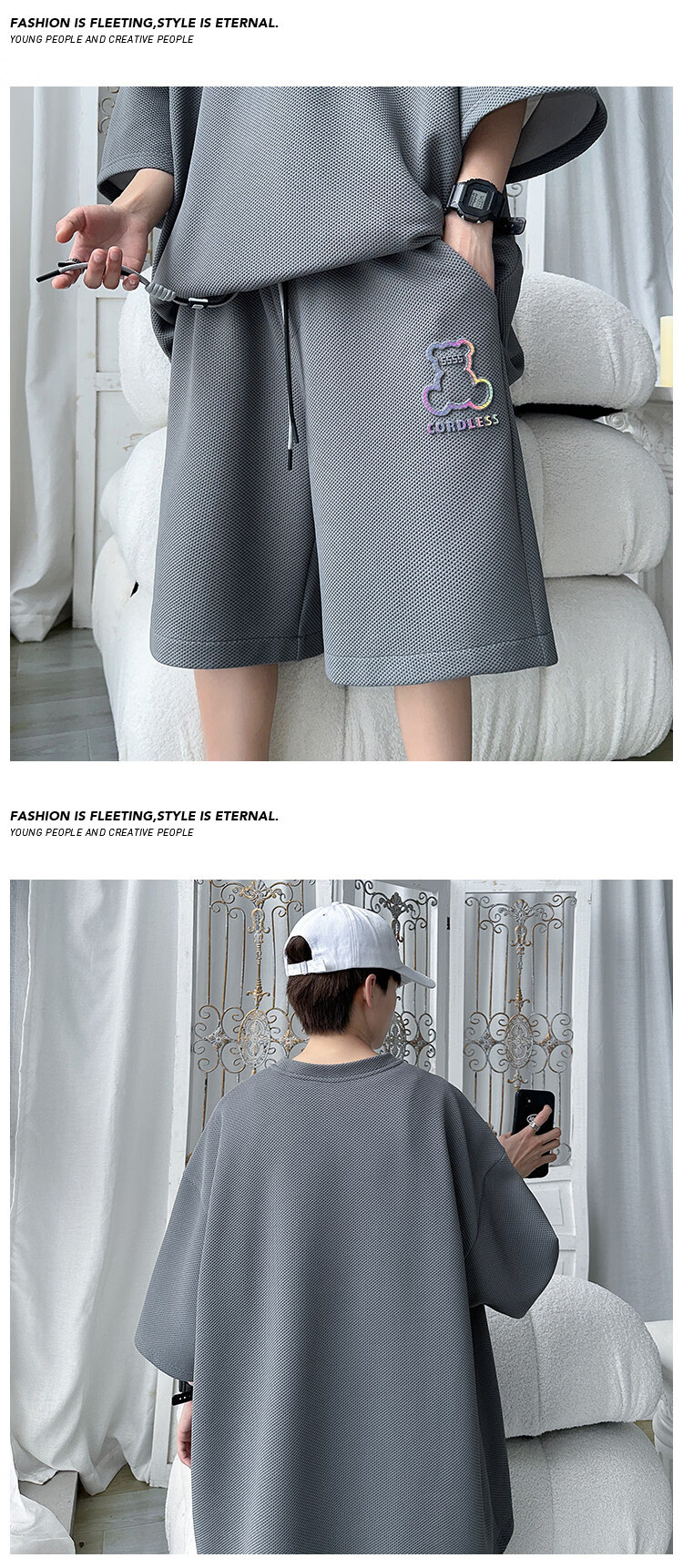 Wassup Sohot Ice Silk Short Sleeve T-Shirt Men's Set New Summer Large Size Loose Half Sleeve Shorts Two-Piece Set Apricot L 9