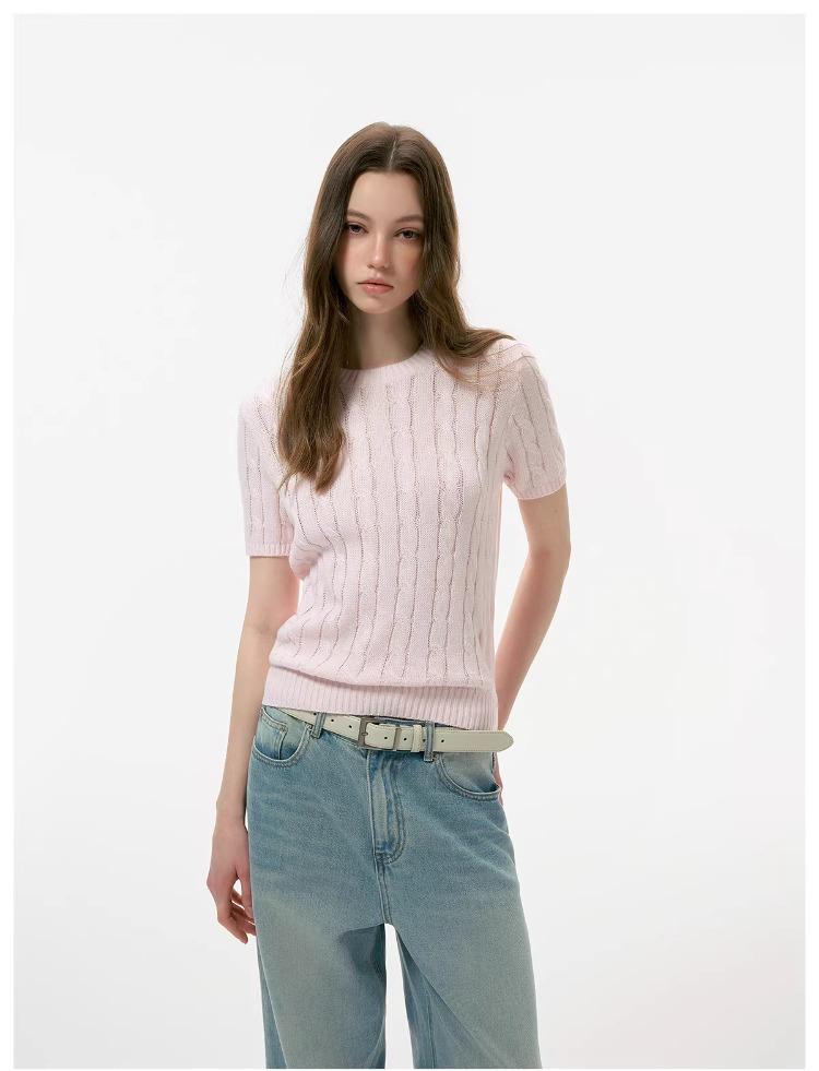 ICH MODE Intelligent Old Money Round Neck Cable Knit Short Sleeve Women's Summer Thin Mesh T-Shirt Pure Cotton Base Top Spring Off-White S 22