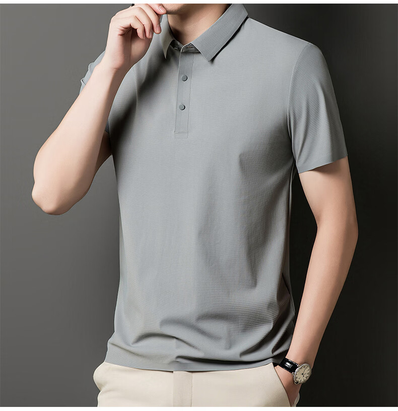 ROMON Ice Silk POLO Shirt, Breathable Lucky Pattern Short-Sleeve T-Shirt, Moisture-Wicking, Sun-Protective, Quick-Drying, Wrinkle-Resistant Top, Light Gray, XL 25