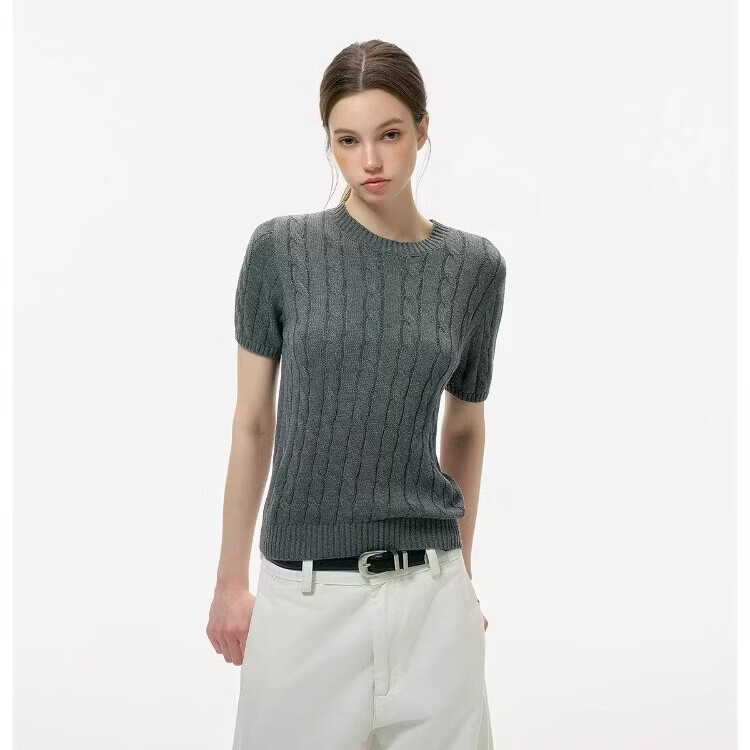 ICH MODE "Intelligent Old Money" Crew Neck Cable Knit Short Sleeve Women's Summer Thin Mesh T-Shirt Pure Cotton Base Top Spring Gray S