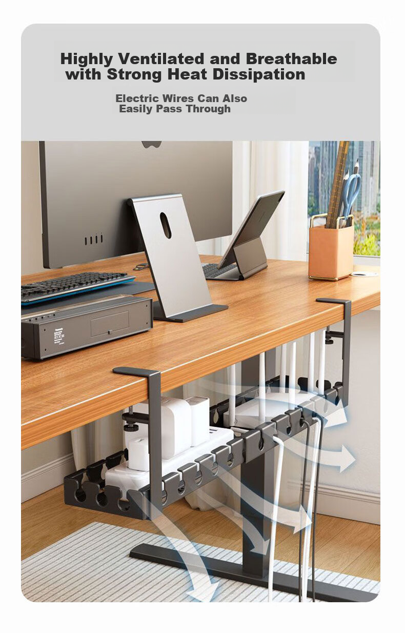 Sushiermo Under-Desk Cable Organizer Wire Management Router Cable Storage No-Drill Socket Tool White Adjustable 43-74cm 4