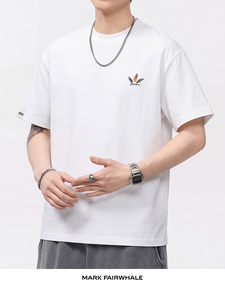 MARK FAIRWHALE Men's Summer Heavyweight Cotton Short Sleeve T-Shirt Fashion Printed Casual Tee Apricot S 15