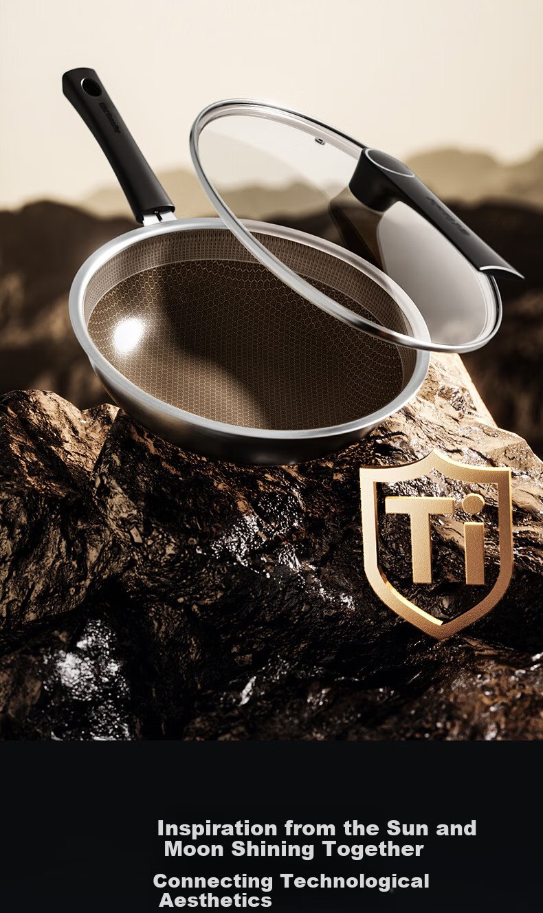 Joyoung 32cm Titanium Non-Stick Frying Pan Wok, Flat Bottom, Compatible with Induction and Gas Stoves, 304 Honeycomb Surface 3