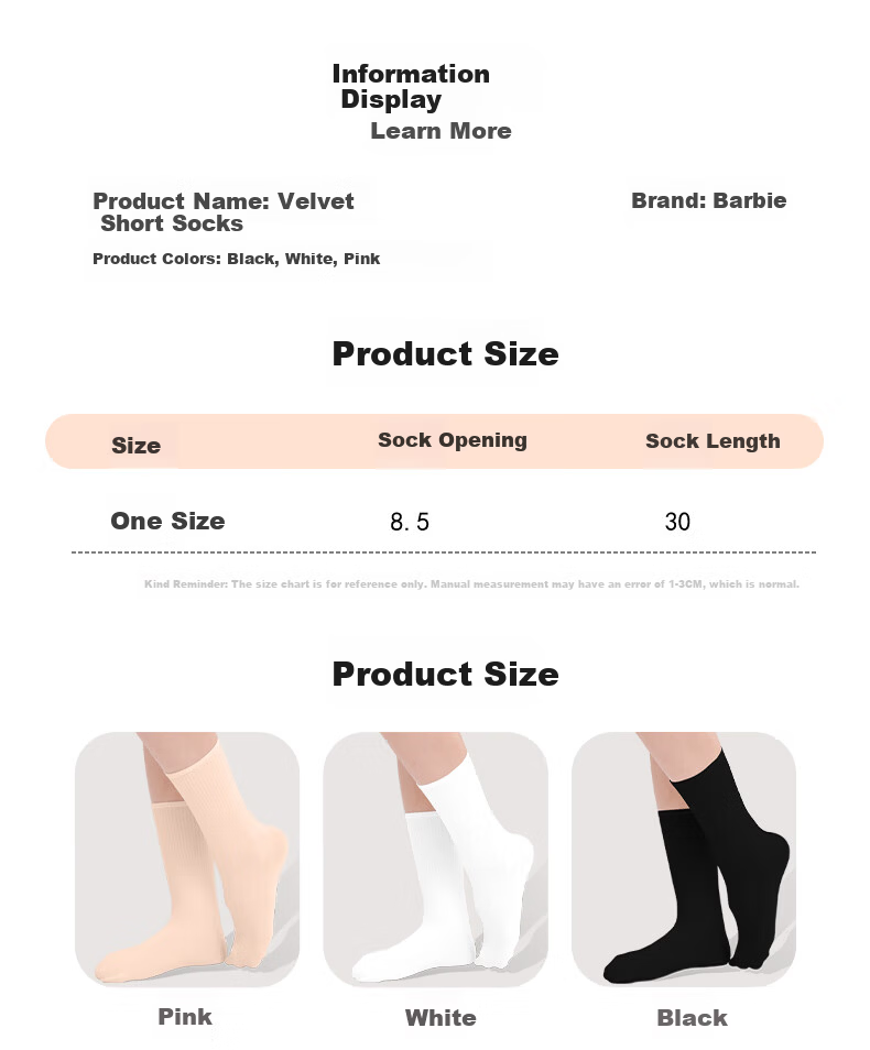 Barbie Girls Mid-Calf Socks Spring and Autumn Children's Short Stockings School Style Half-Leg Socks Pure White Baby Long Socks 6