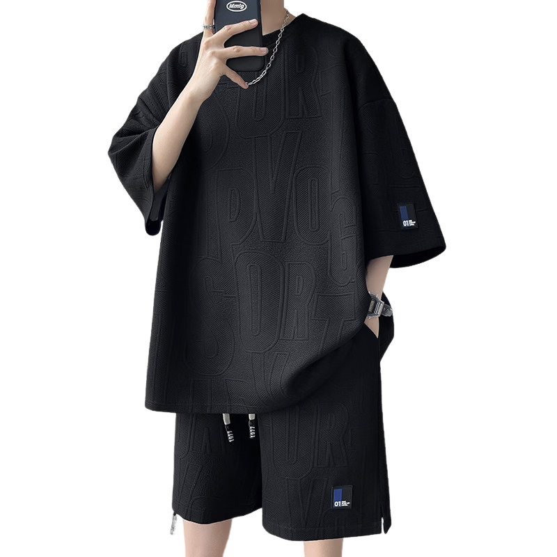 Wassup Sohot Ice Silk Short Sleeve T-Shirt Men's Set New Summer Large Size Loose Half Sleeve Shorts Two-Piece Set Black 2XL