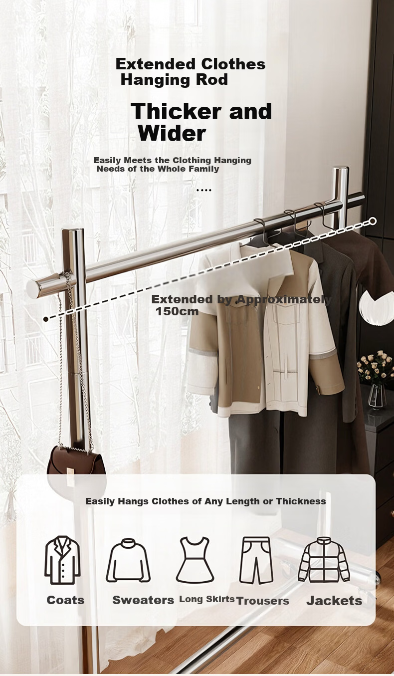 Yaoying YJ11 Stainless Steel Floor Clothes Rack Single Rod Garment Hanger for Bedroom Balcony 120x170cm 6