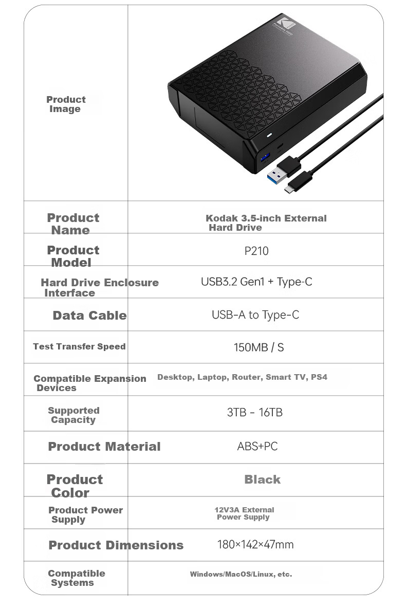 KODAK Kodak External Hard Drive 4TB 3.5-inch Type-C USB 3.2 Desktop Mechanical Hard Drive Large Capacity External Home Office Storage P210 15
