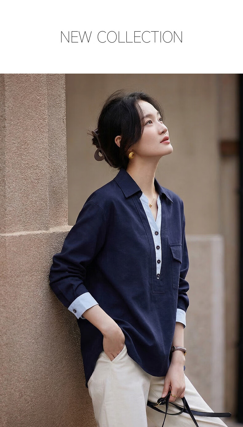 Demana Pure Cotton Slow Life Autumn Colorblock Faux Two-Piece Lapel Large Patch Pocket Loose Slim Shirt for Women Premium Feel 1