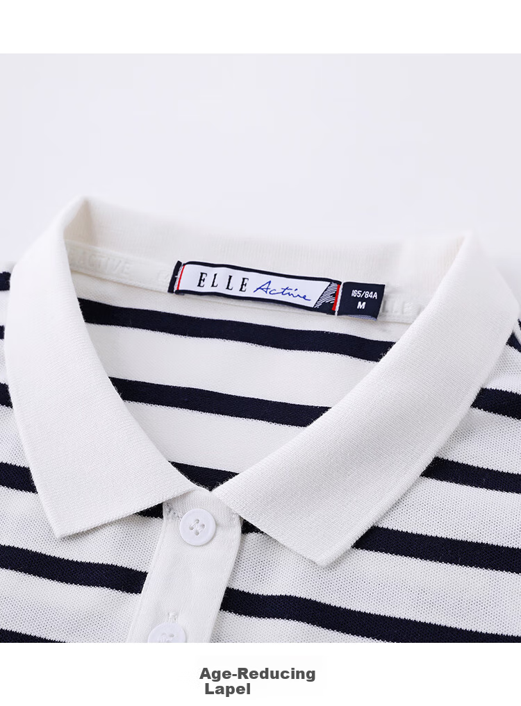 ELLE ACTIVE Vintage Striped Polo Shirt Women's Sports Casual Simple Versatile Comfortable Short Sleeve T-Shirt White/Navy XL 13