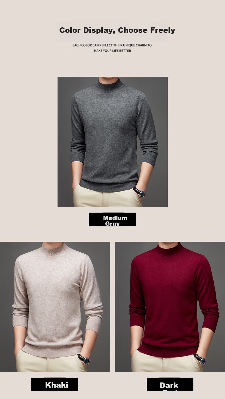 Hengyuanxiang Pure Wool Men's Autumn Winter Thin Half Turtleneck Knit Sweater Top Dark Red 175 7