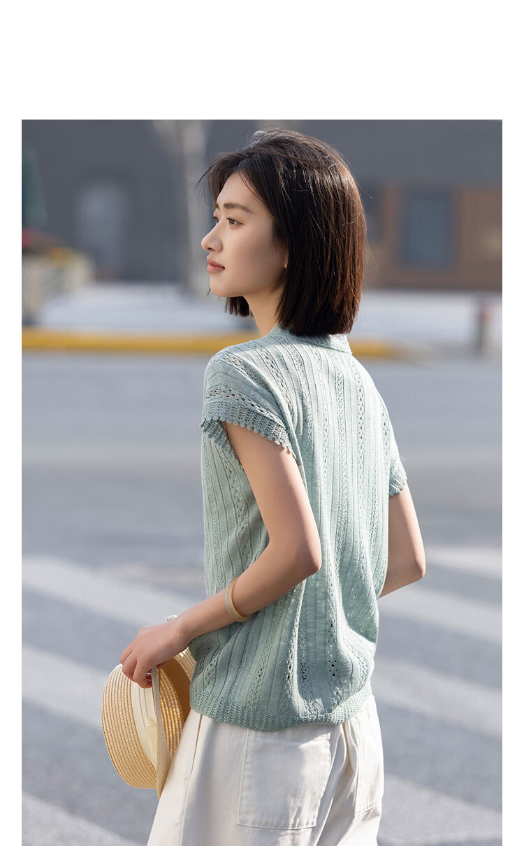 Demana [with Lyocell] Summer Glossy Lace Collar Hollow Textured Jacquard Raglan Slim Knit Top for Women Premium 14