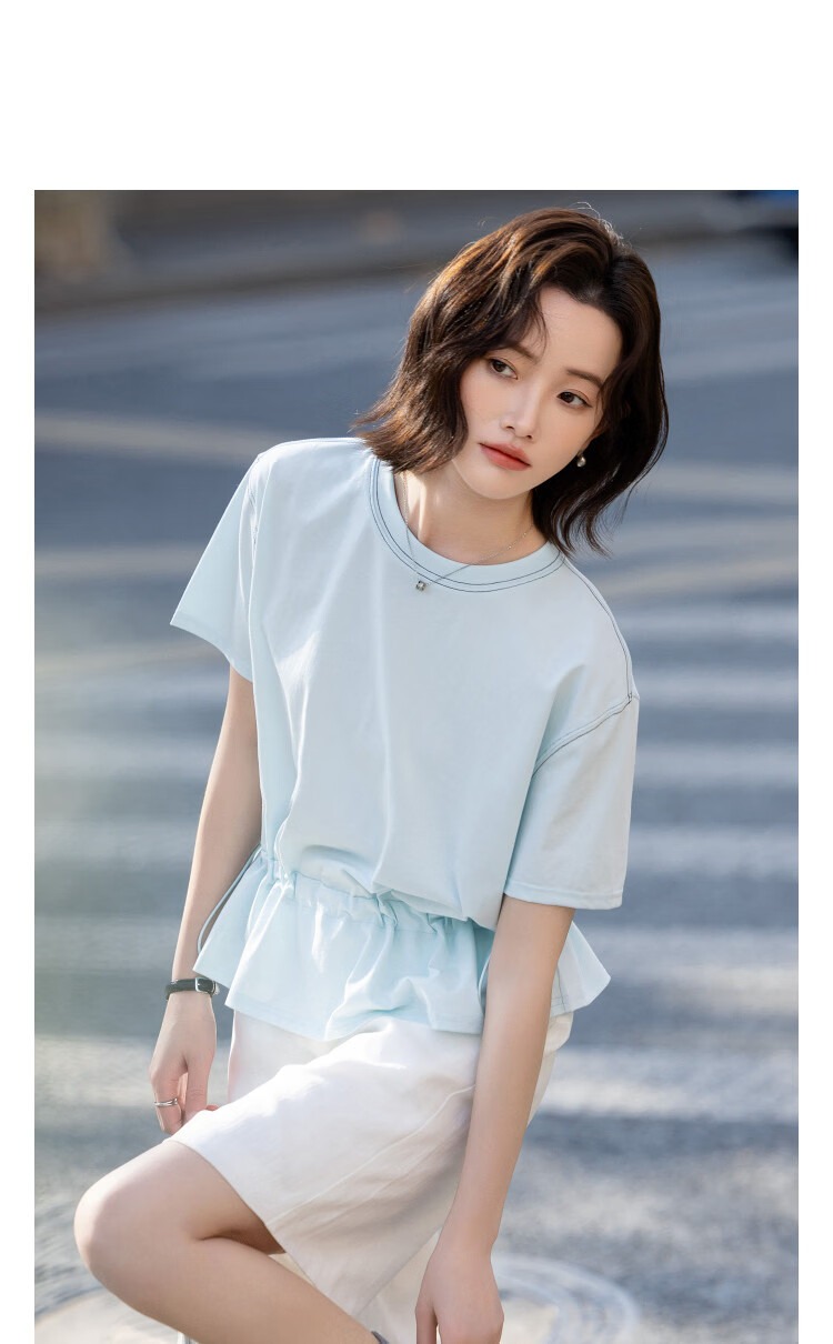 Demana [Cooling Sorona] Summer Anti-Stickiness Round Neck Short Sleeve Drawstring Hem Slimming Concealing T-Shirt for Women Premium 5