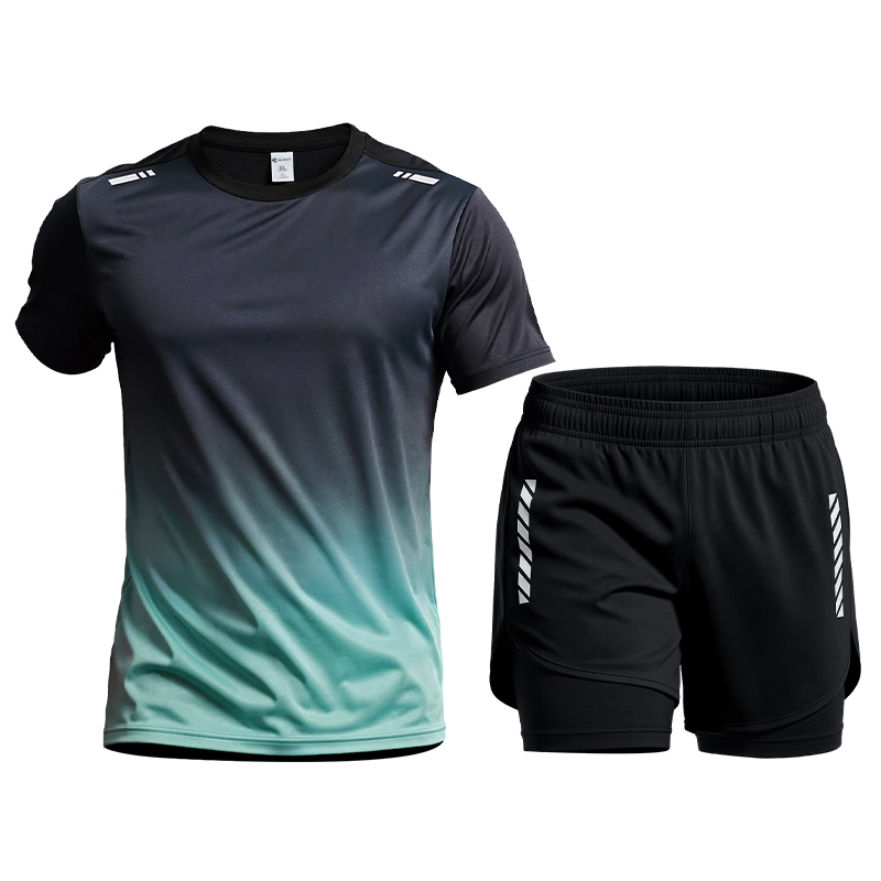 BURUITE Men's Running Sports Set Fitness Ice Silk Marathon Training Badminton Quick-Dry Summer Short Sleeve T-Shirt and Shorts