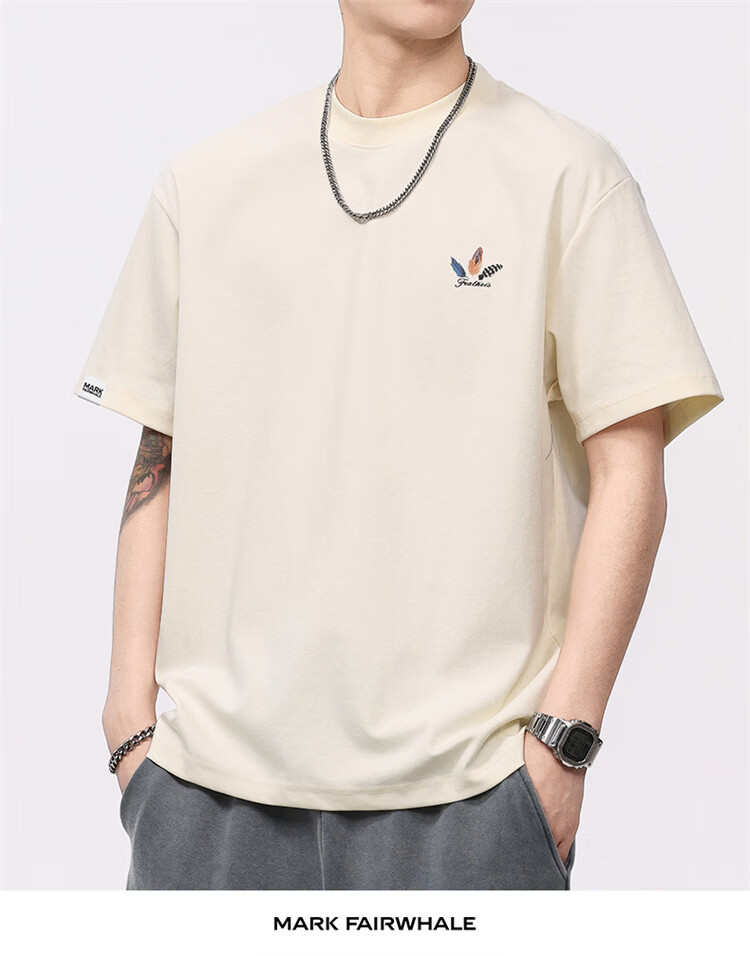 MARK FAIRWHALE Men's Summer Heavyweight Cotton Short Sleeve T-Shirt Fashion Printed Casual Tee Apricot S 4