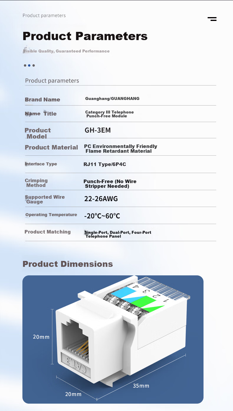 Guanghang CAT3 Voice Telephone Module CAT3 Phone Plug-Free Module RJ11 4-Core Gold-Plated Communication Network Socket Telephone Line Panel Module GH-3EM 10