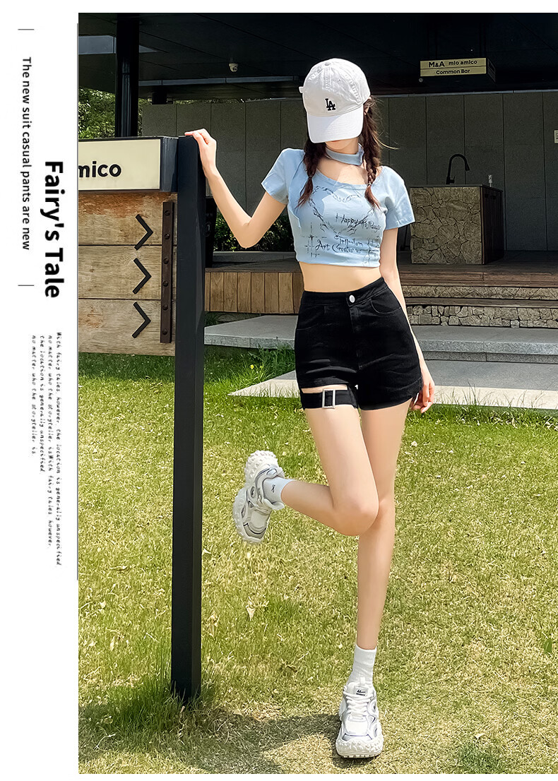 Jeanswest Women's Denim Shorts 2026 Spring Summer High Waist A-Line Slim Functional Style Hot Pants Black M 16