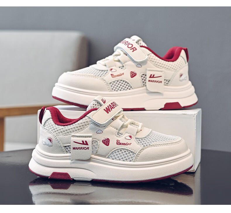 Warrior Kids Low-Top Breathable Summer Sneakers Girls Strawberry Princess Shoes Big Kids Single Mesh WZ-2095 White Pink Size 27 10