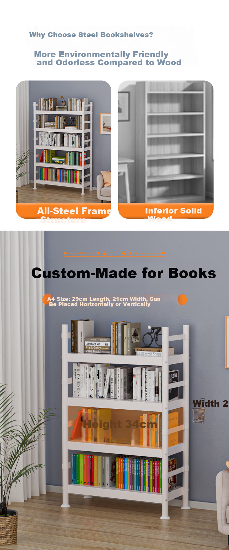 UOEN Bookshelf Kitchen Storage Rack Floor Multi-layer Steel Simple Bookcase Home Integrated Wall-mounted Student Iron Storage Rack 4