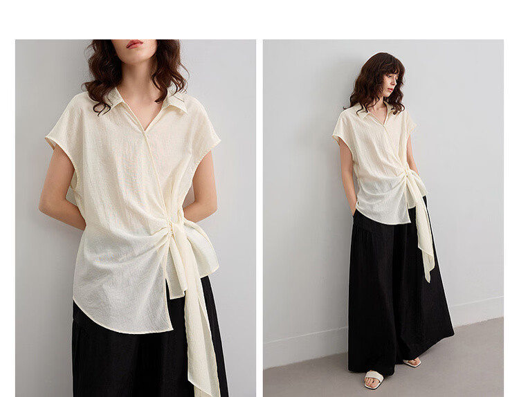 Demana [With Natural Linen] Summer Minimalist Side Knot Shirt Elegant Commuter High-End Blouse for Women 5