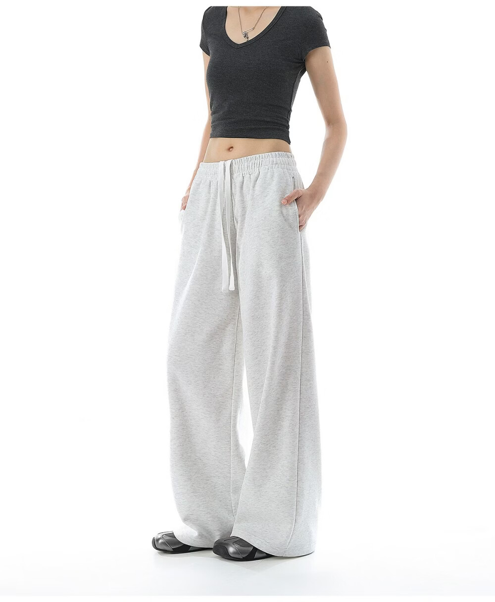 ICH MODE Solid Color Drawstring Women's Sports Pants New Loose Straight-Leg Draped Wide-Leg Casual Trousers Navy Blue S 14