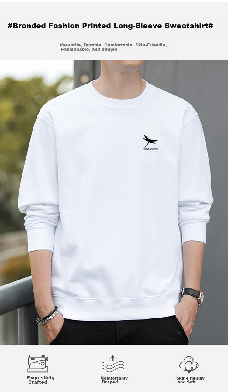 RED DRAGONFLY Men's Casual Fashion Printed Simple Crew Neck Long Sleeve T-Shirt Pullover White L 1