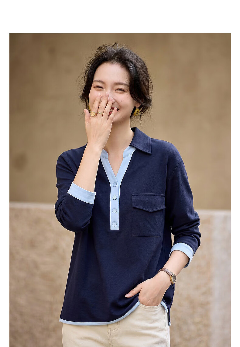 Demana Pure Cotton Slow Life Autumn Colorblock Faux Two-Piece Lapel Large Patch Pocket Loose Slim Shirt for Women Premium Feel 3