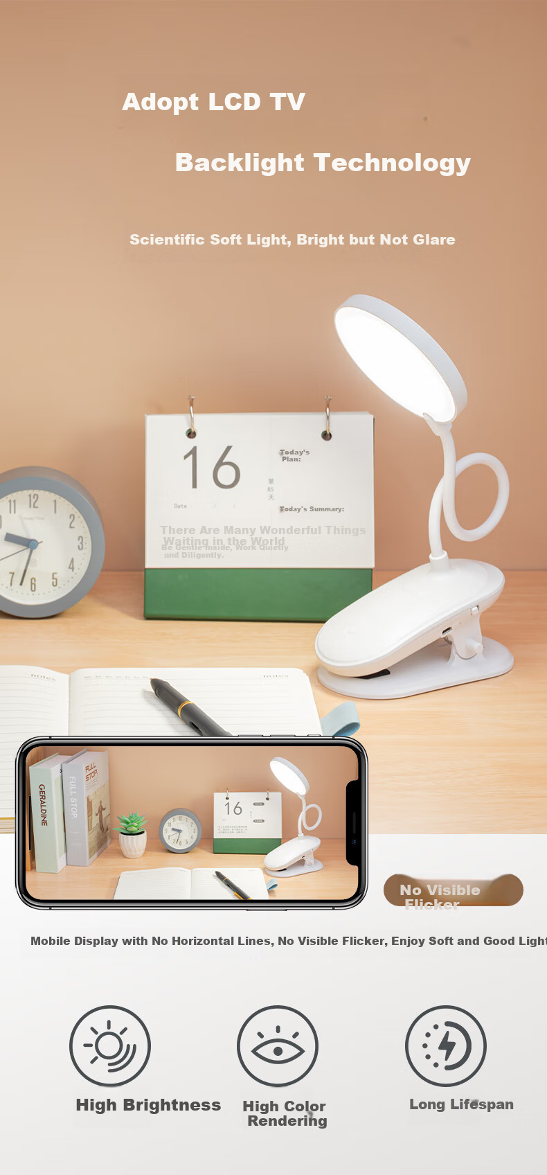 HP Precision Eye Protection Study Pen Holder Desk Lamp AA Grade Student Kids Reading Bedside LED Rechargeable Desk Light 2