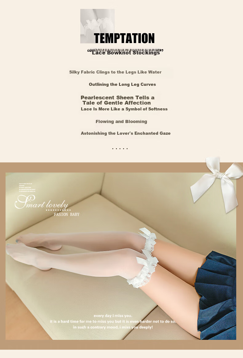Zhenmei Women's Sexy White Silk Stockings with Bowknot Lace Trim, Over-the-Knee Thigh-High JK Style, White 7129 2