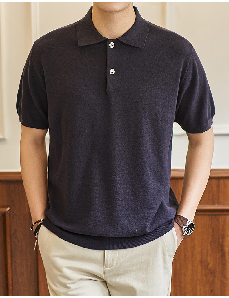 Dingfengbaoluo Vintage Old Coin Style Short Sleeve Men's Summer Luxury Business Polo Knit Casual Shirt KK65 Black 2XL 15
