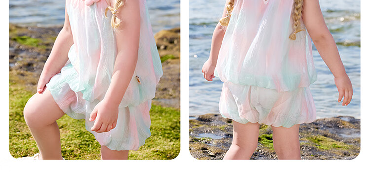 Betis Girls' Summer 2026 New Stylish Children's Summer Outfit Fashionable Spaghetti Strap Top and Bloomers Shorts Two-Piece Set 13