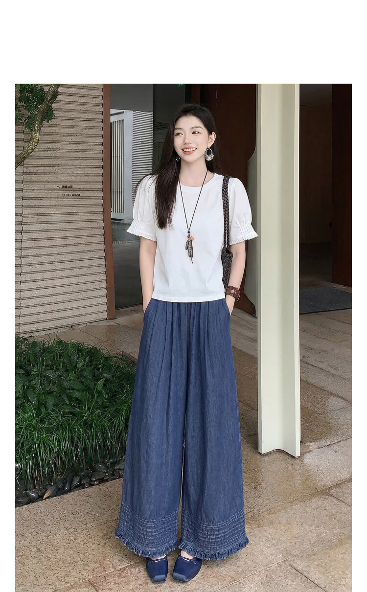 Demana [Denim Cloud Oxygen Cotton] Summer Forest Style Retro Cropped Wide-Leg Pants Elastic Waist Slim Loose Women's Jeans 9